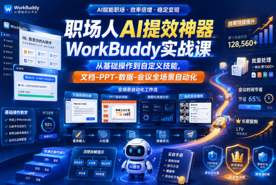 职场人AI提效神器WorkBuddy实战课，从基础操作到自定义技能，文档-PPT-数据-会议全场景自动化-AI学习库