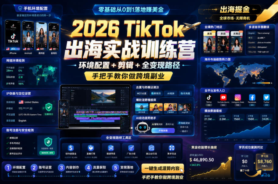 2026 TikTok出海实战训练营，环境配置 + 剪辑 + 全变现路径，手把手教你做跨境副业-AI学习库