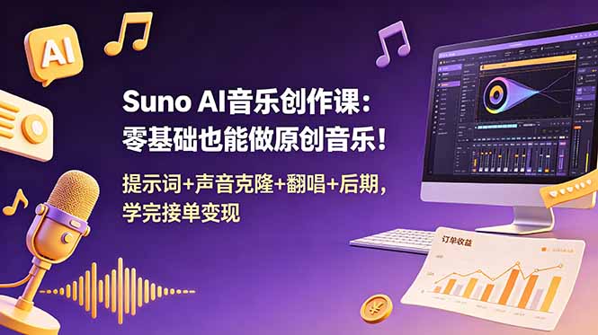 Suno AI音乐创作课：零基础也能做原创音乐！提示词+声音克隆+翻唱+后期，学完接单变现-AI学习库