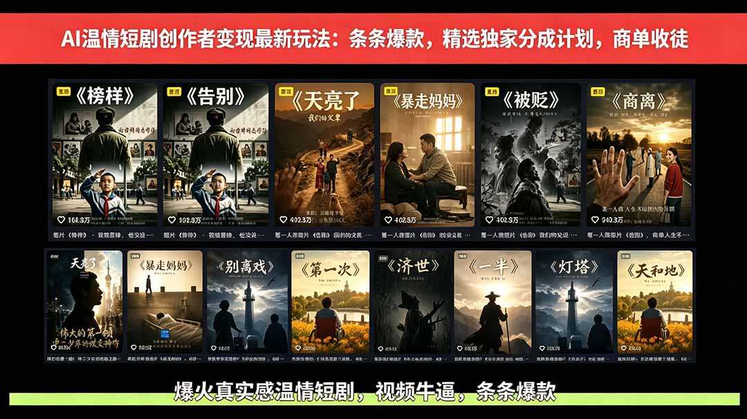 AI温情短剧创作者变现最新玩法：视频牛逼，条条爆款，精选独家分成计划，商单收徒-AI学习库