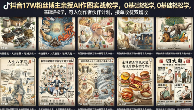 抖音17W粉丝博主亲授AI作图实战教学，0基础轻松学，可入创作者伙伴计划，接单收徒双增收-AI学习库