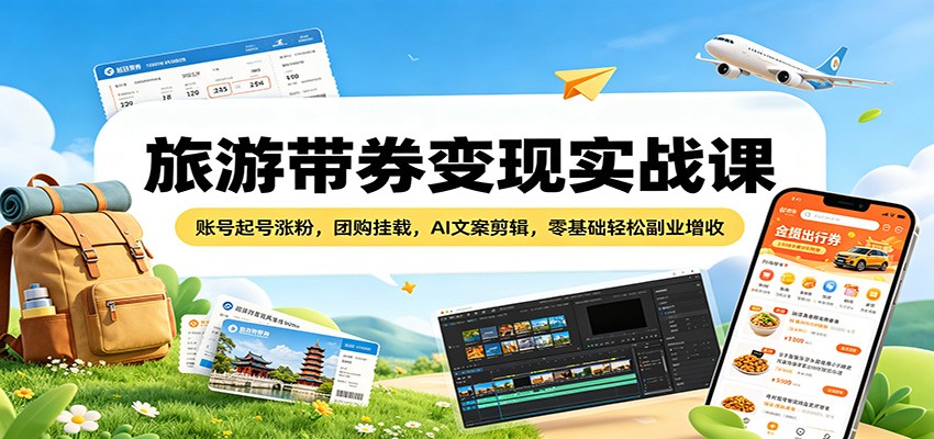 旅游带券变现实战课：账号起号涨粉，团购挂载，AI文案剪辑，零基础轻松副业增收-AI学习库
