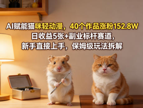AI赋能猫咪轻动漫，40个作品涨粉152.8W，日收益5张+副业标杆赛道，新手直接上手，保姆级玩法拆解-AI学习库