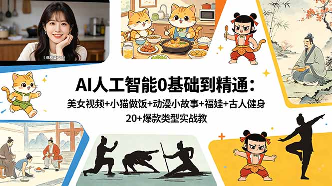 AI人工智能0基础到精通：美女视频+小猫做饭+动漫小故事+福娃+古人健身，20+爆款类型实战教学-AI学习库
