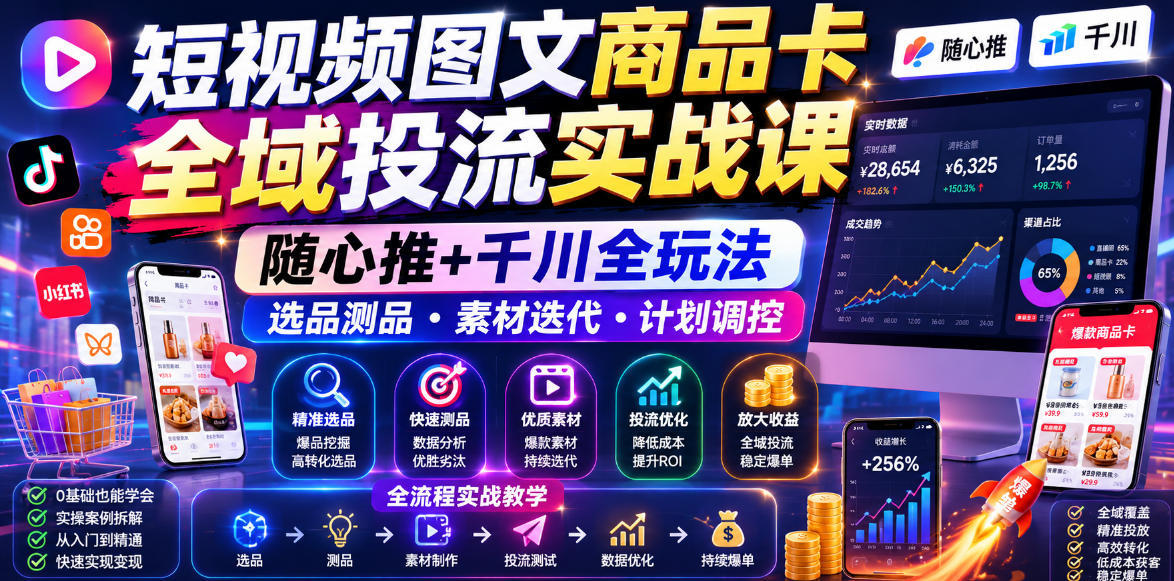 短视频图文商品卡全域投流实战课，随心推+千川全玩法，选品测品・素材迭代・计划调控，提升ROI爆单增收教程-AI学习库