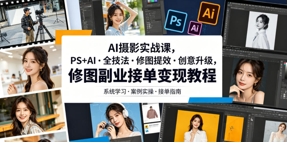 AI摄影实战课，PS+AI・全技法・修图提效・创意升级，修图副业接单变现教程-AI学习库