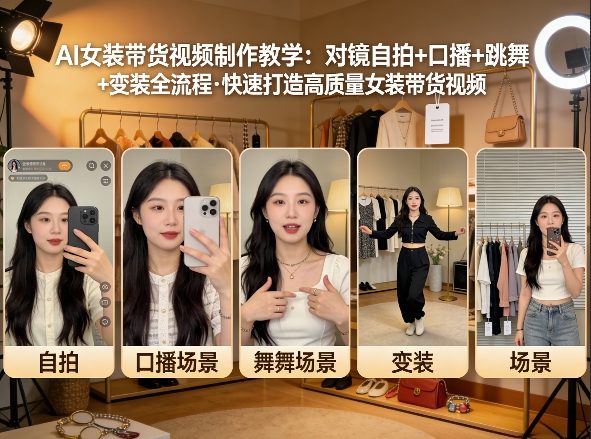 AI女装带货视频制作教学，对镜自拍、口播、跳舞、变装全流程，快速打造高质量女装带货视频-AI学习库