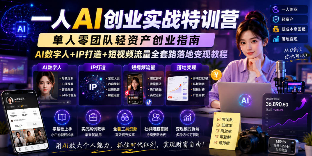 一人AI创业实战特训营，单人零团队轻资产创业指南，AI数字人+IP打造+短视频流量全套路落地变现教程-AI学习库