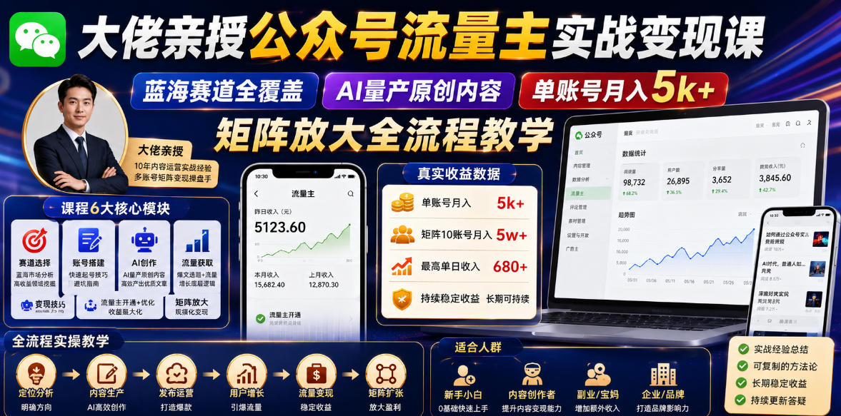 大佬亲授公众号流量主实战变现课,蓝海赛道全覆盖,AI量产原创内容,单账号月入5k+矩阵放大全流程教学-AI学习库