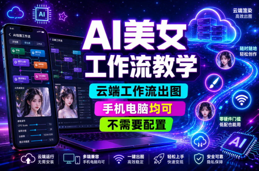 AI美女工作流教学,云端工作流出图,手机电脑均可,不需要配置,快速起号涨粉-AI学习库