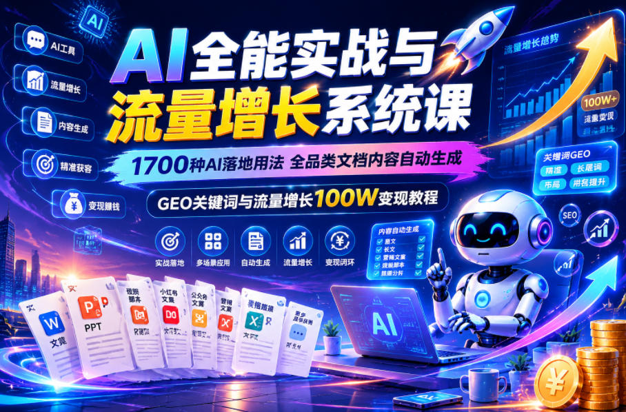 AI全能实战与流量增长系统课，1700种AI落地用法，全品类文档内容自动生成，GEO关键词与流量增长100W变现教程-AI学习库
