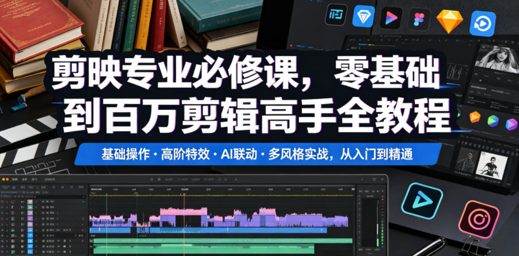 剪映专业必修课，零基础到百万剪辑高手全教程，基础操作・高阶特效・AI联动・多风格实战，从入门到精通-AI学习库