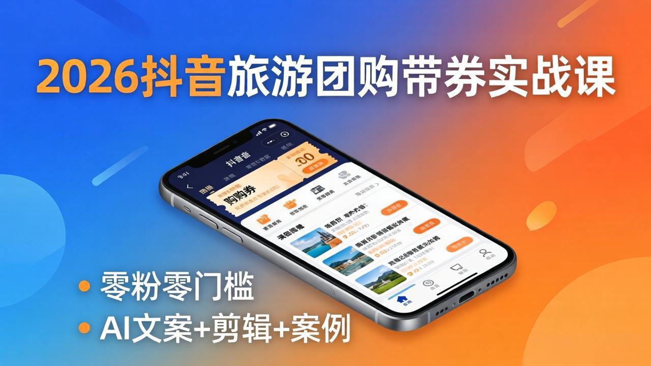 2026抖音旅游团购带券实战课：零粉零门槛，AI文案+剪辑+案例，躺着赚门票佣金-AI学习库