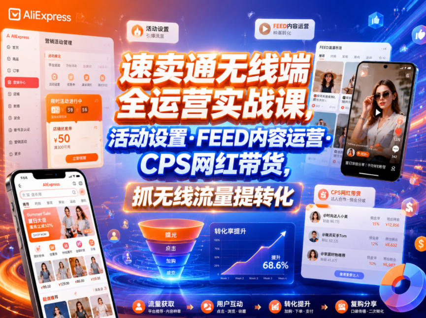 速卖通无线端全运营实战课，活动设置・FEED内容运营・CPS网红带货，抓无线流量提转化-AI学习库