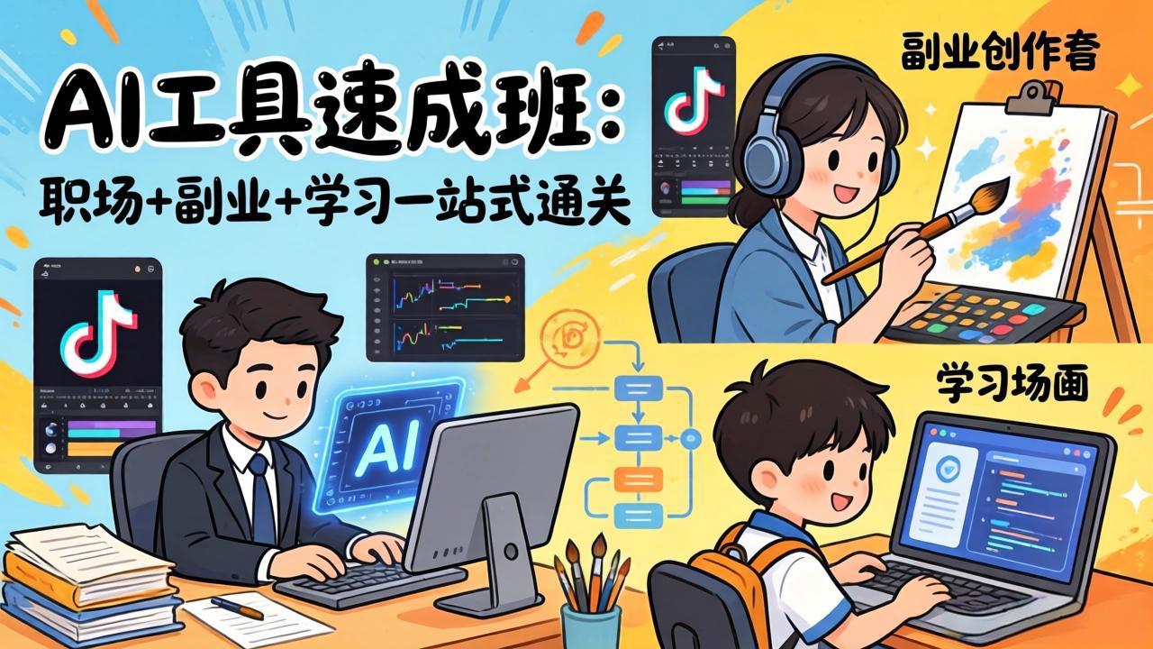 AI工具速成班：职场+副业+学习一站式通关，20+爆款类型+剪映技巧+抖音算法，0基础快速上手-AI学习库