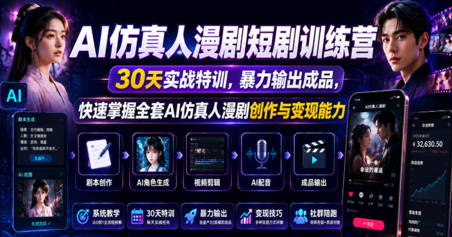 AI仿真人漫剧短剧训练营，30天实战特训，暴力输出成品，快速掌握全套AI仿真人漫剧创作与变现能力-AI学习库