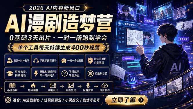 AI漫剧造梦营：0基础3天出片，单个工具每天持续生成400秒视频-AI学习库