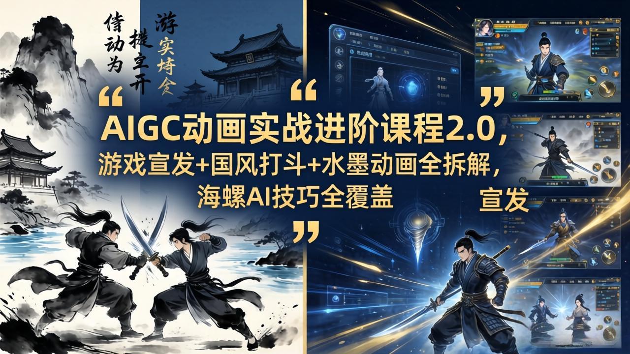 AIGC动画实战进阶课程2.0，游戏宣发+国风打斗+水墨动画全拆解，海螺AI技巧全覆盖-AI学习库