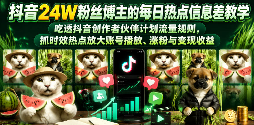 抖音24W粉丝博主的每日热点信息差教学，吃透创作者伙伴计划流量规则，抓时效热点放大账号播放、涨粉与变现收益(更新)-AI学习库