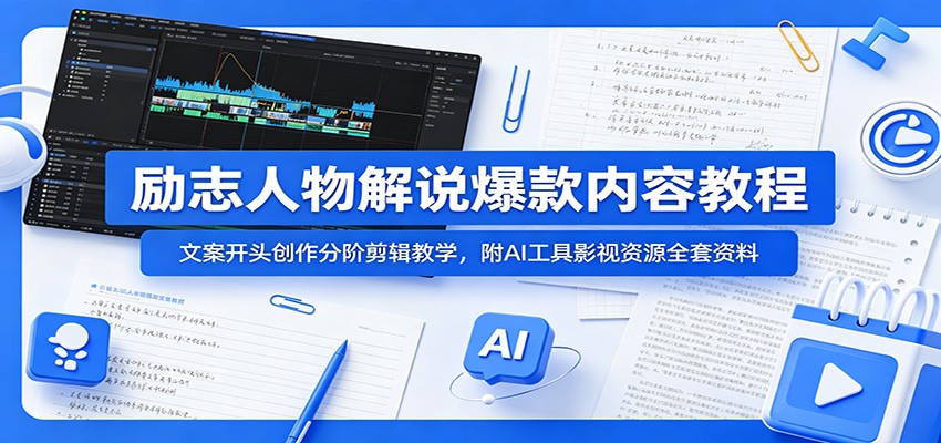 励志人物解说爆款内容教程：文案开头创作分阶剪辑教学，附AI 工具影视资源全套资料-AI学习库
