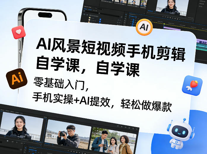 AI风景短视频手机剪辑自学课，零基础入门，手机实操+AI提效，轻松做爆款-AI学习库