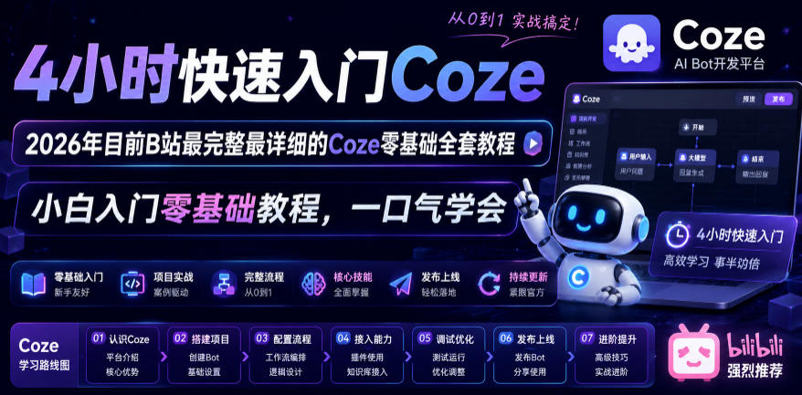 4小时快速入门Coze！2026年目前B站最完整最详细的Coze零基础全套教程，小白入门零基础教程，一口气学会！-AI学习库