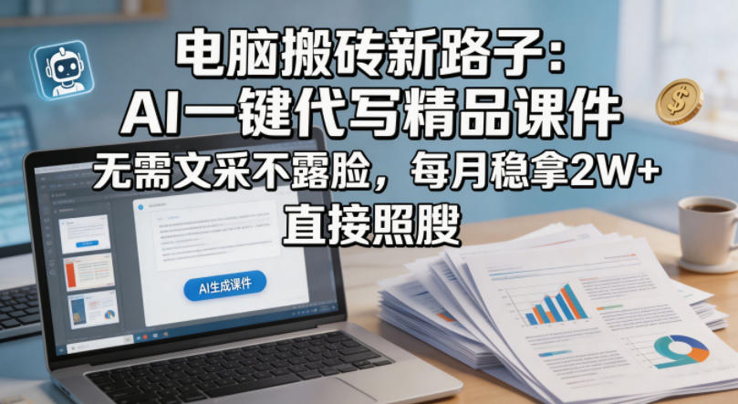 电脑搬砖新路子：AI一键代写精品课件，无需文采不露脸，每月稳拿2W+，直接照搬-AI学习库