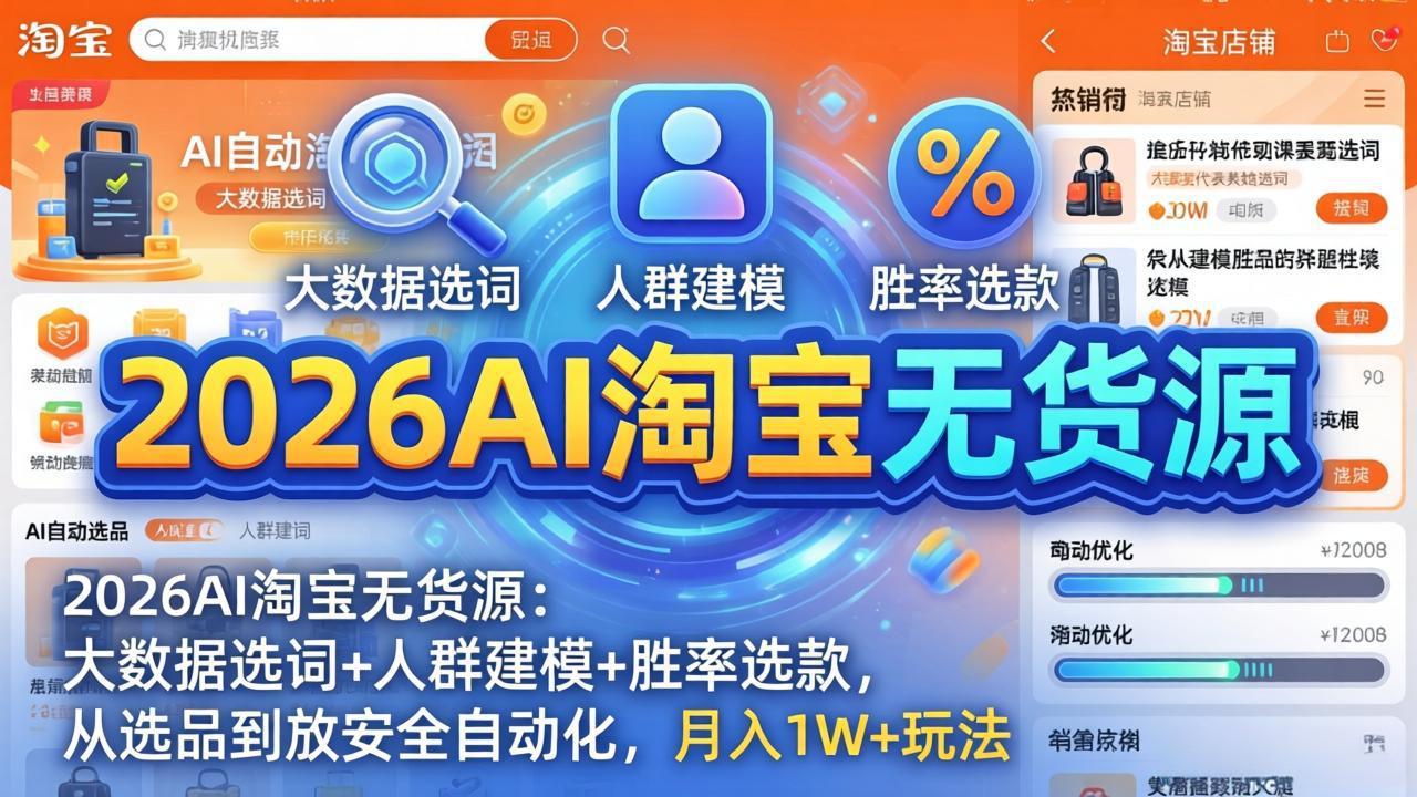 2026AI淘宝无货源：大数据选词+人群建模+胜率选款，从选品到放大全自动化，月入1W+玩法-AI学习库