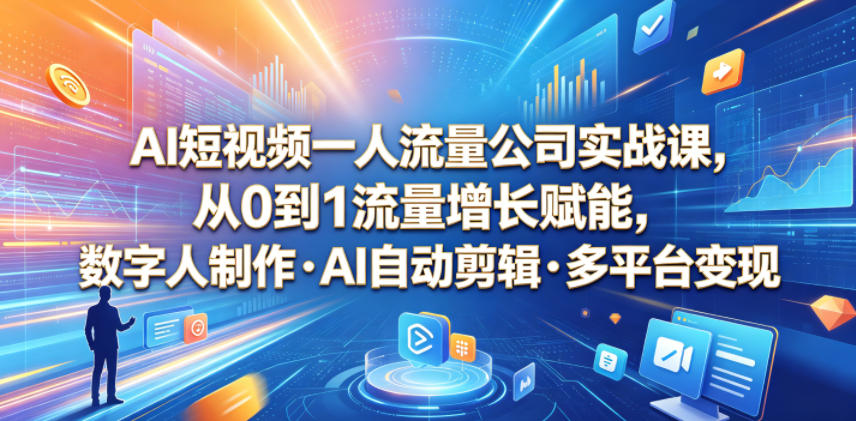 AI短视频一人流量公司实战课，从0到1流量增长赋能，数字人制作・AI自动剪辑・多平台变现，一人做流量生意全落地教程-AI学习库