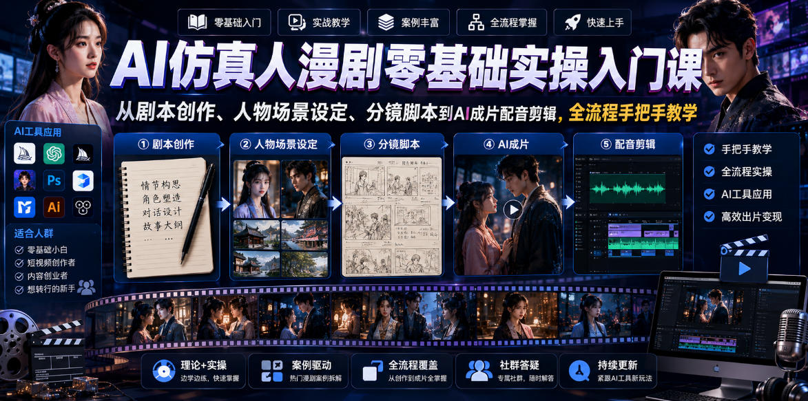 AI仿真人漫剧零基础实操入门课，从剧本创作、人物场景设定、分镜脚本到AI成片配音剪辑，全流程手把手教学-AI学习库