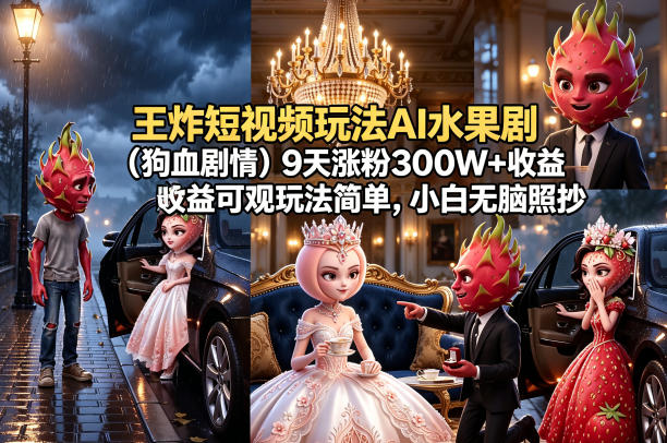 王炸短视频玩法AI水果剧(狗血剧情)9天涨粉300W+收益可观玩法简单，小白无脑照抄，详细拆解玩法-AI学习库