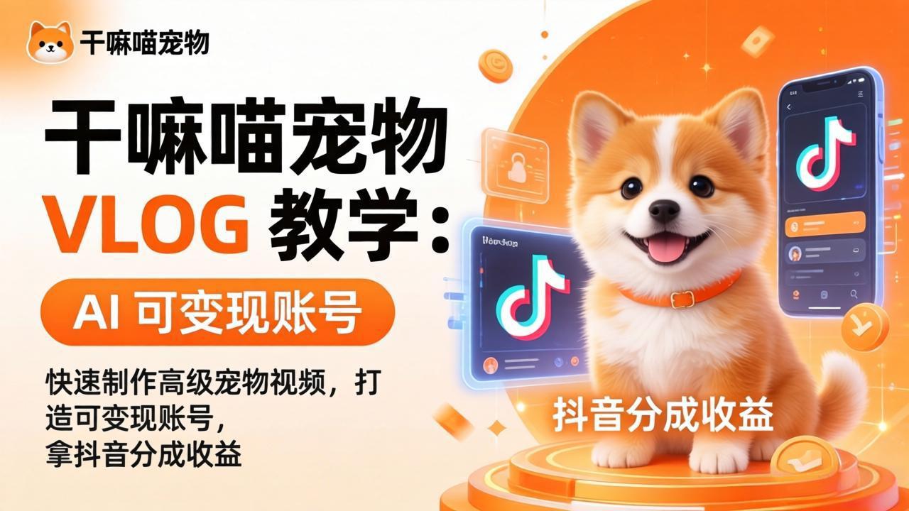 干嘛喵宠物 VLOG 教学：AI 快速制作高级宠物视频，打造可变现账号，拿抖音分成收益-AI学习库