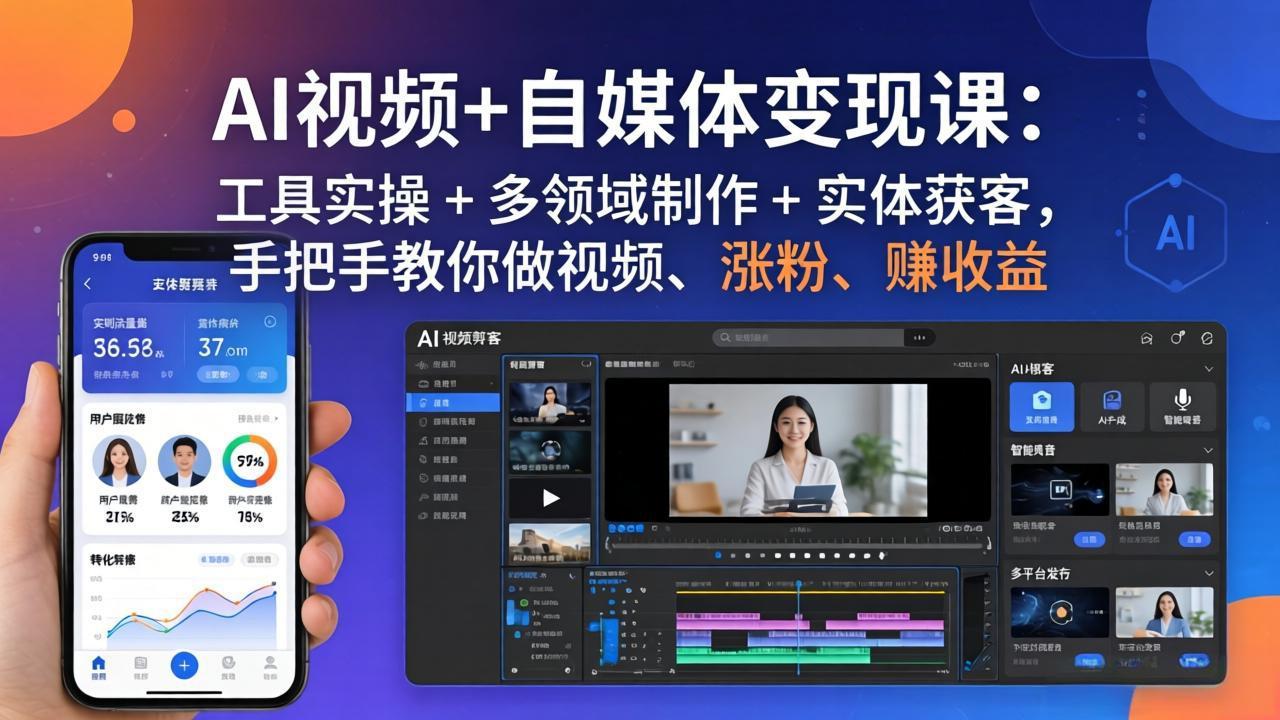 AI视频+自媒体变现课：工具实操 + 多领域制作 + 实体获客，手把手教你做视频、涨粉、赚收益-AI学习库