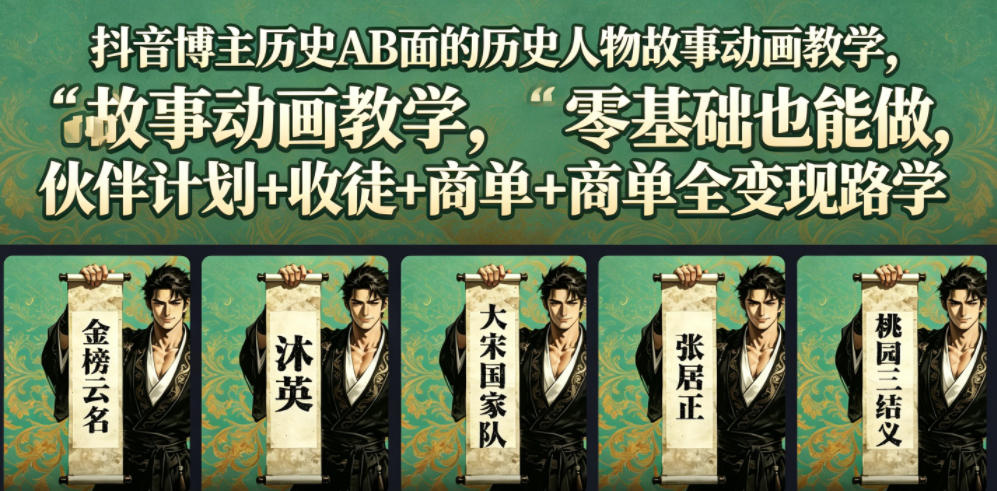 抖音博主历史AB面的历史人物故事动画教学，零基础也能做，伙伴计划+收徒+商单全变现路径教学-AI学习库