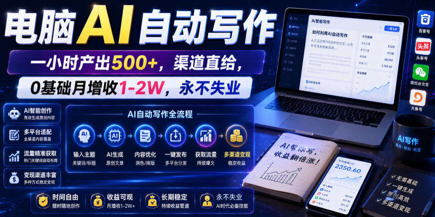 电脑AI自动写作，一小时产出500+，渠道直给，0基础月增收1-2W，永不失业【揭秘】-AI学习库