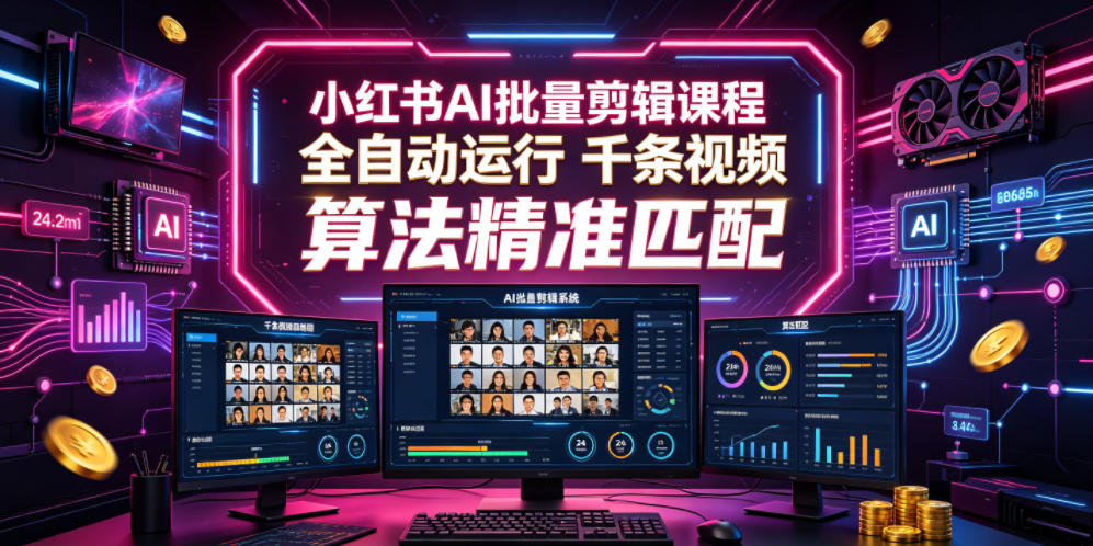 小红书AI批量剪辑课程，24小时全自动运行，解放双手专注运营，千条视频批量处理，小红书算法精准匹配-AI学习库