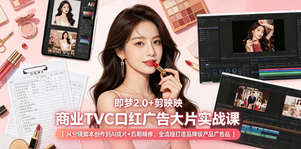 即梦2.0+剪映商业TVC口红广告大片实战课｜从分镜脚本创作到AI成片+后期精修，全流程打造品牌级产品广告-AI学习库