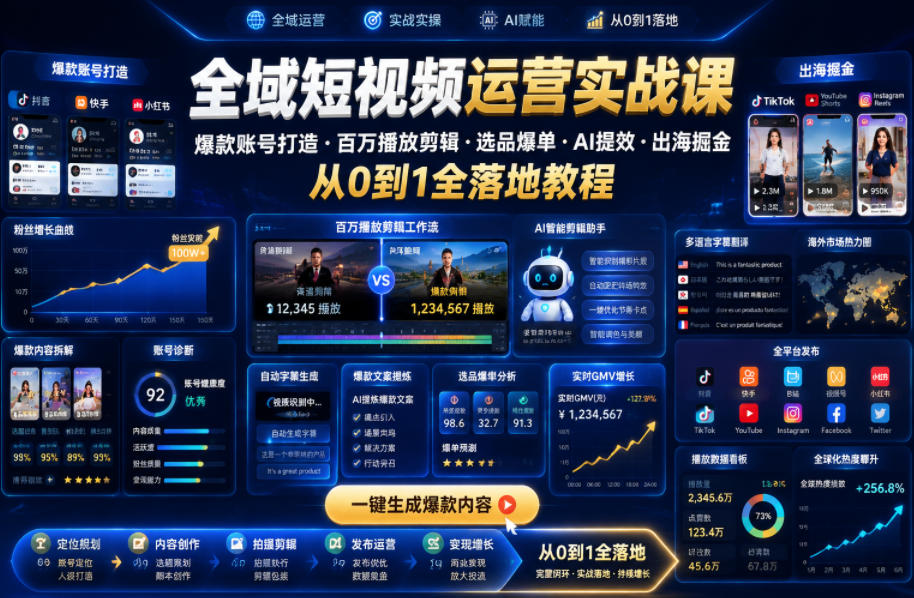 全域短视频运营实战课，爆款账号打造・百万播放剪辑・选品爆单・AI提效・出海掘金，从0到1全落地教程-AI学习库