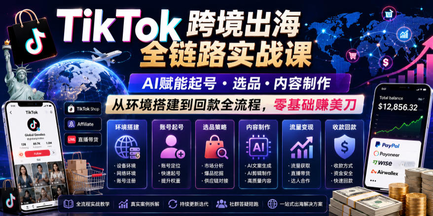 TikTok跨境出海全链路实战课，AI赋能起号・选品・内容制作，从环境搭建到回款全流程，零基础賺美刀-AI学习库